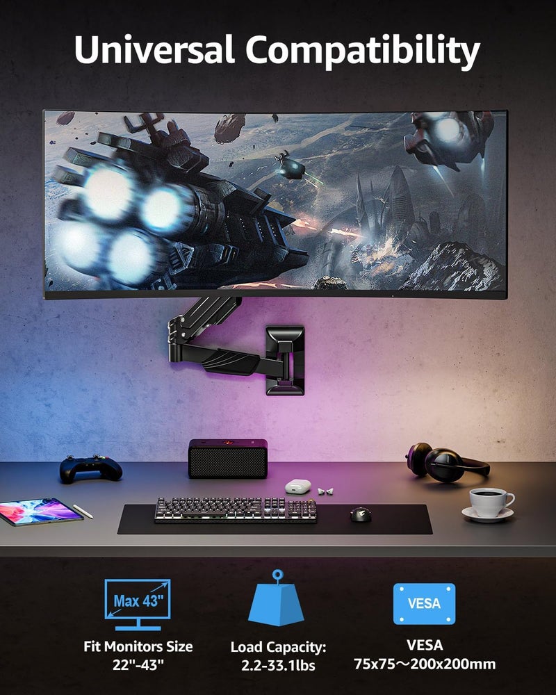 MOUNTUP Monitor Wall Mount for 22-43 Inch Curved Screens, Holds 2.2 to 33.1 lbs, Ultrawide Computer Monitor Wall Mount, Heavy Duty Wall Monitors Arm, 75x75 mm to 200x200 mm Vesa Mounts - Image 2